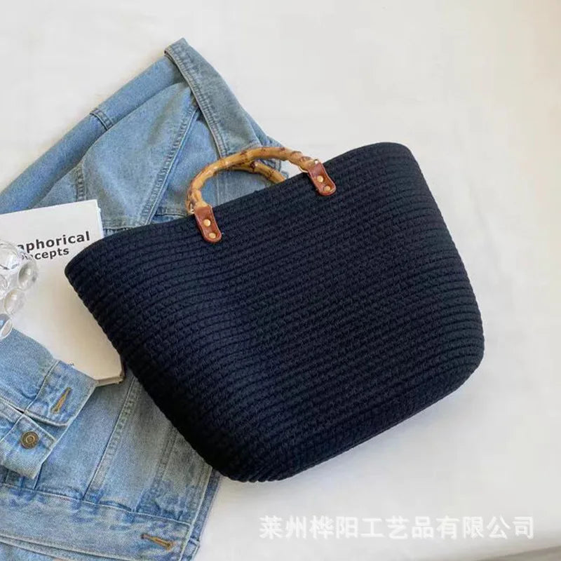 Retro Woven Straw Beach summer Handbag Upper width 16 lower width 28 height 30 black