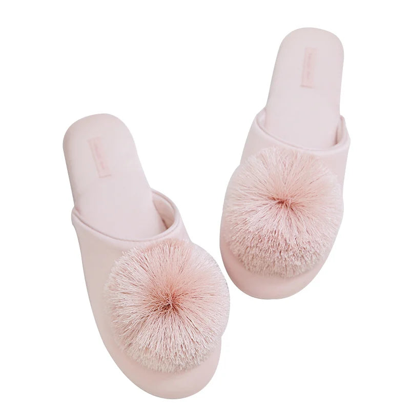 Pom-pom Women's Satin Slippers pink 1
