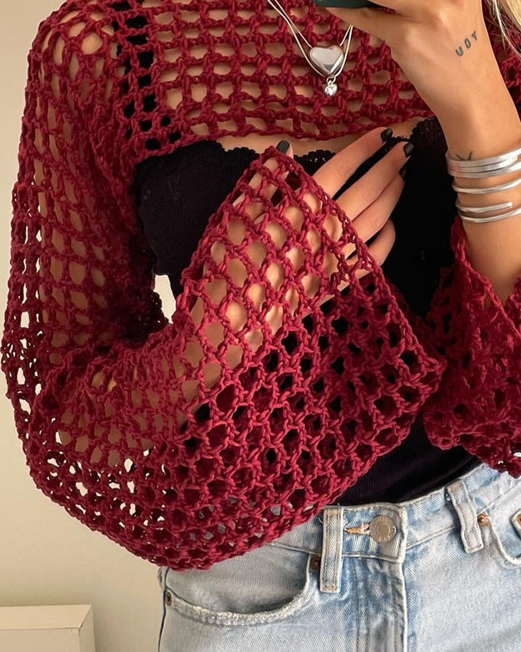 Summer Green Long Sleeve Smock Knitted Crop Top Burgundy