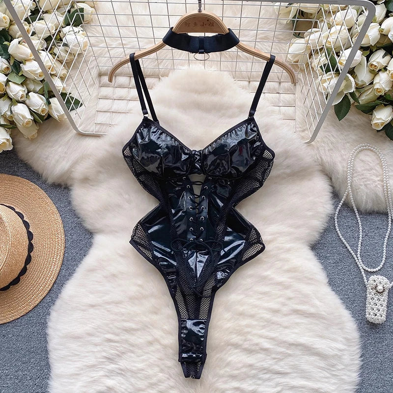 Lace-up PU Hollow One Piece Faux Leather body lingerie