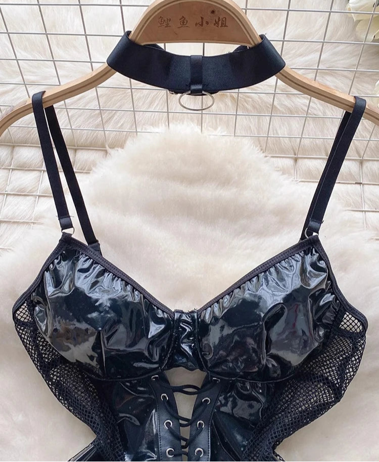 Lace-up PU Hollow One Piece Faux Leather body lingerie