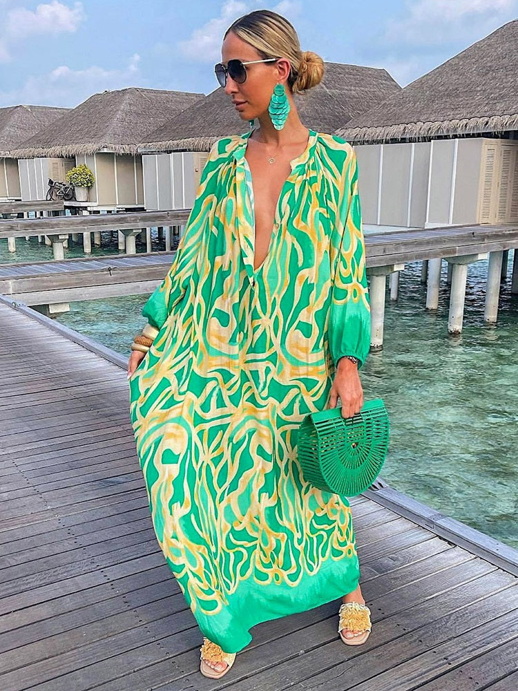 Summer Deep V-Neck Long Sleeve Long Dresses Green