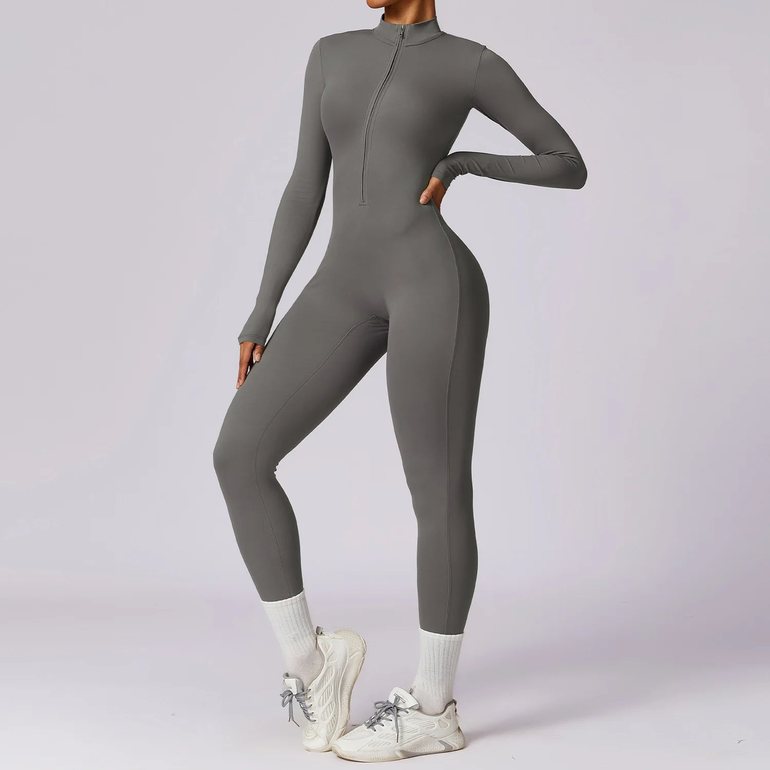 Zipper long sleeve Elastic One-Piece gym workout Bodysuit Hemp grey