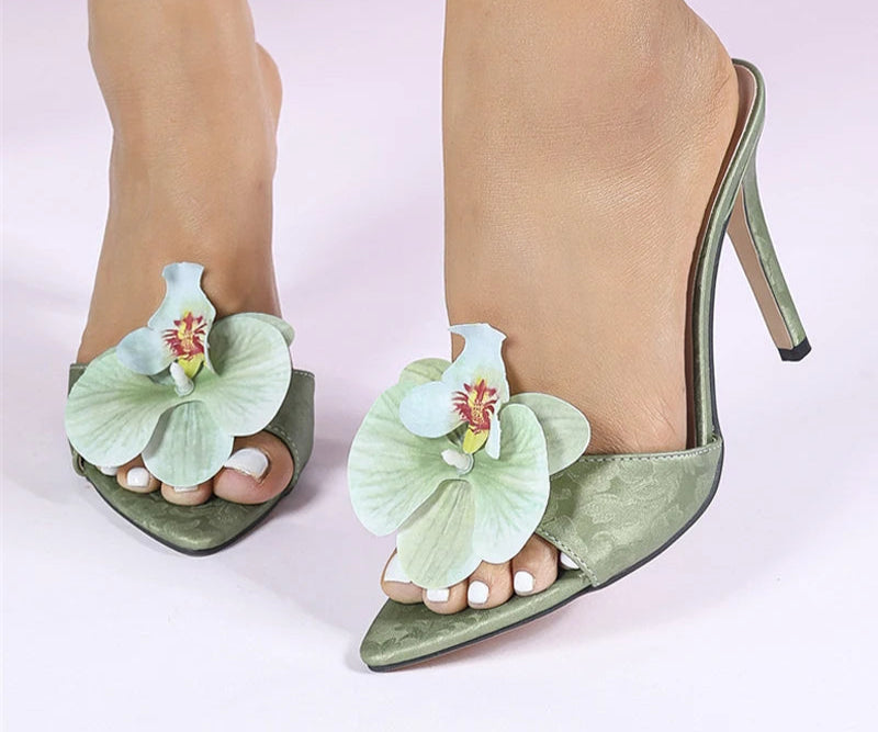 Green Orchid Pointed Open Toe Thin High Heel Sandals