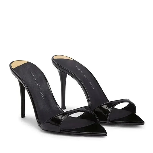 Pointed Toe High Heel Patent Leather Sandals black