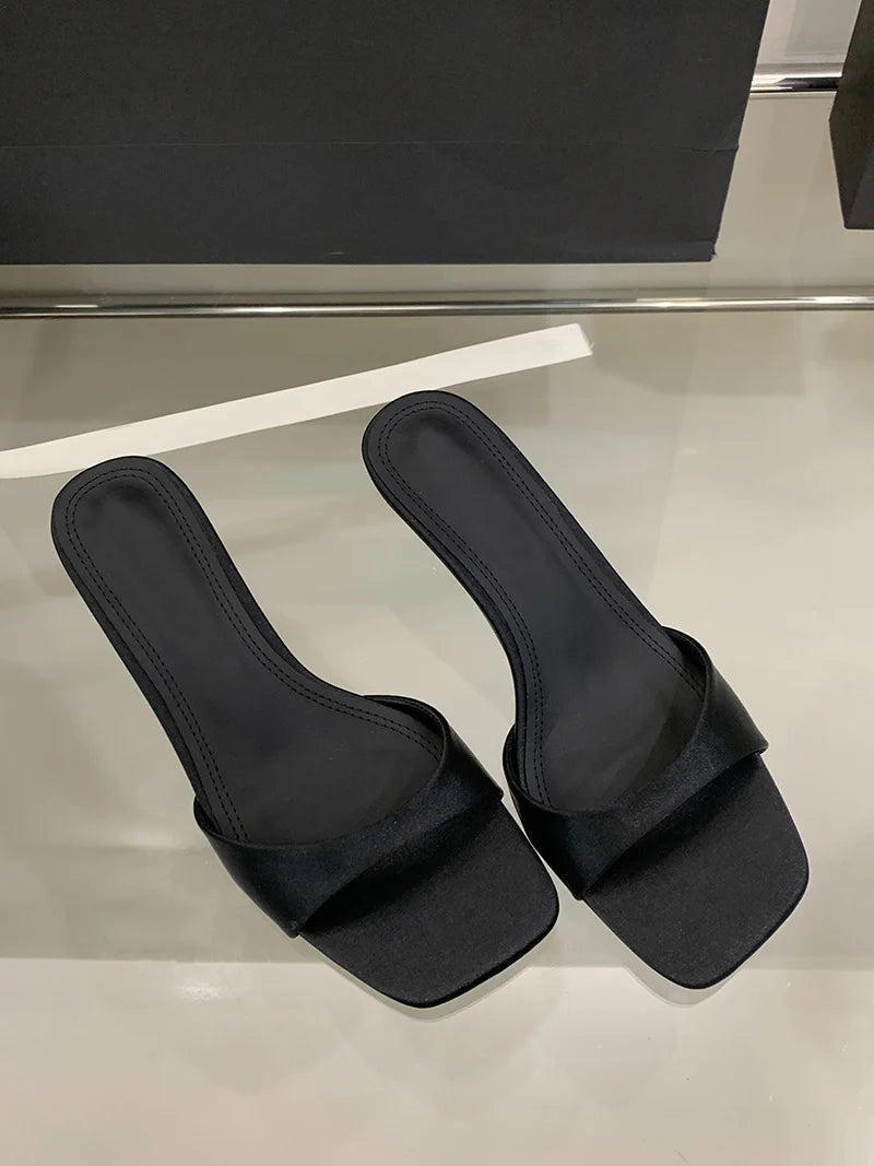 Satin Thin Low Heels Square Toe Mule Sandals