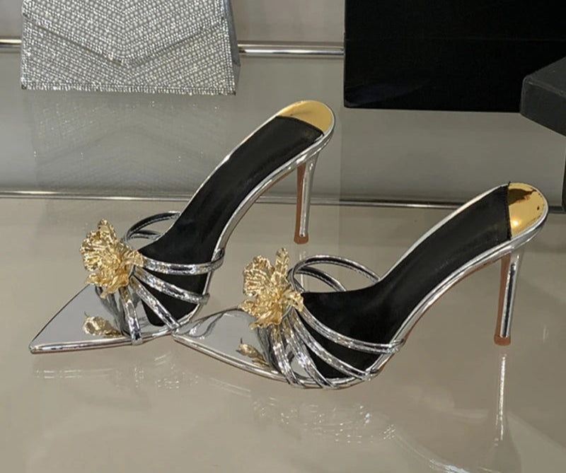 Metal look Flower Open Toe Mule High Heel Sandals Silver