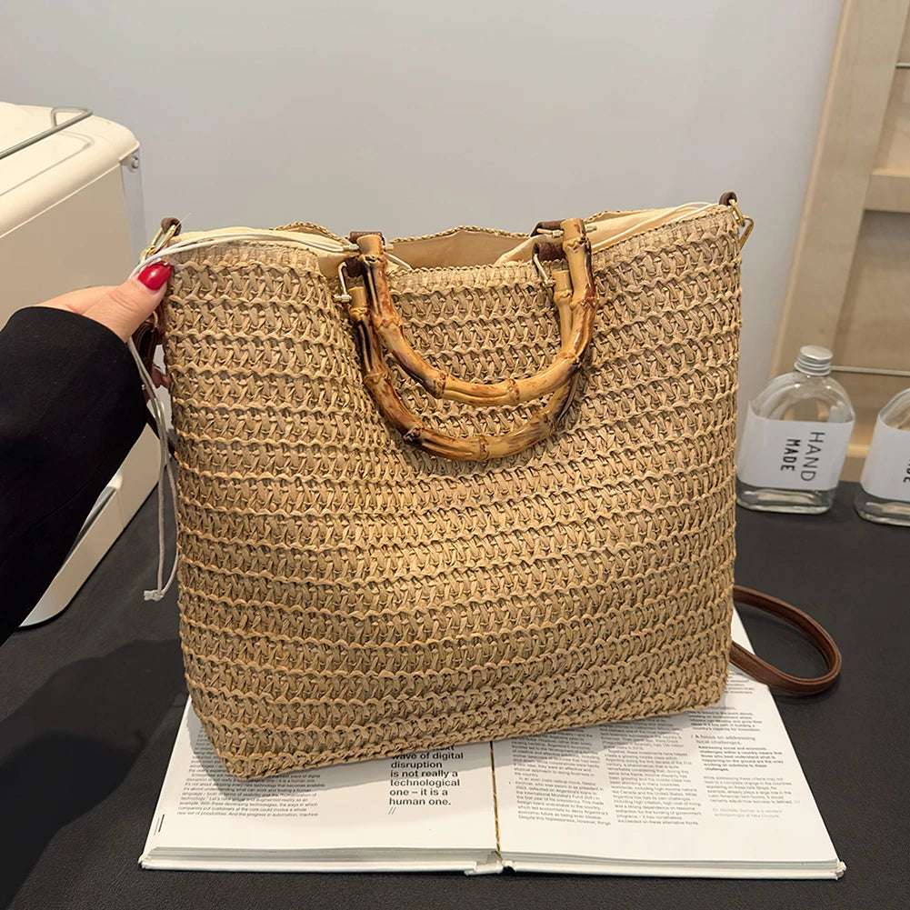 Straw Woven handbag with Bamboo style Handle