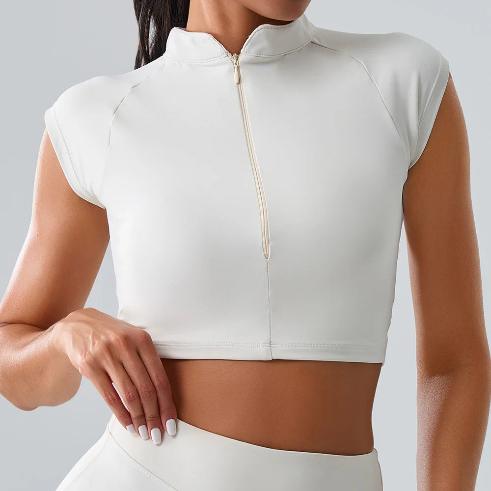 Zipper Short Sleeve Yoga gym Top White