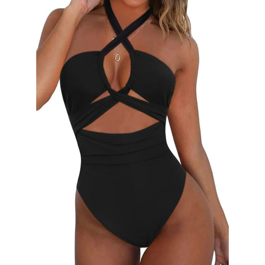 Women Solid Ruched Push Up Bathing Suit black