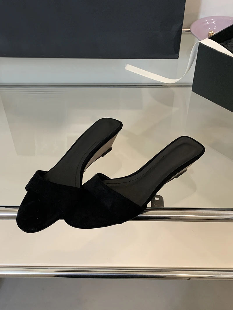 Narrow Band suedette low Wedge Sandals