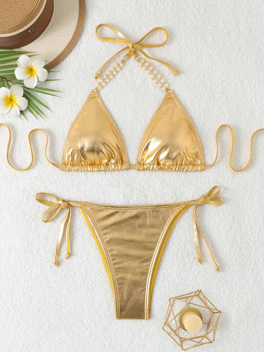 Metallic Halter neck classic Bikini Set Pearl gold