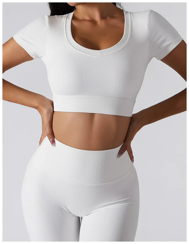 Short Sleeve round neck crop bralette High Waist Leggings Gym Fitness Set