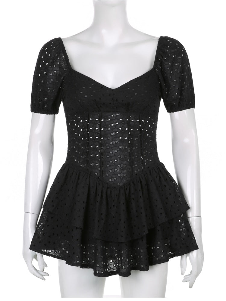 Women Puff Sleeve Chic Black Summer Dress