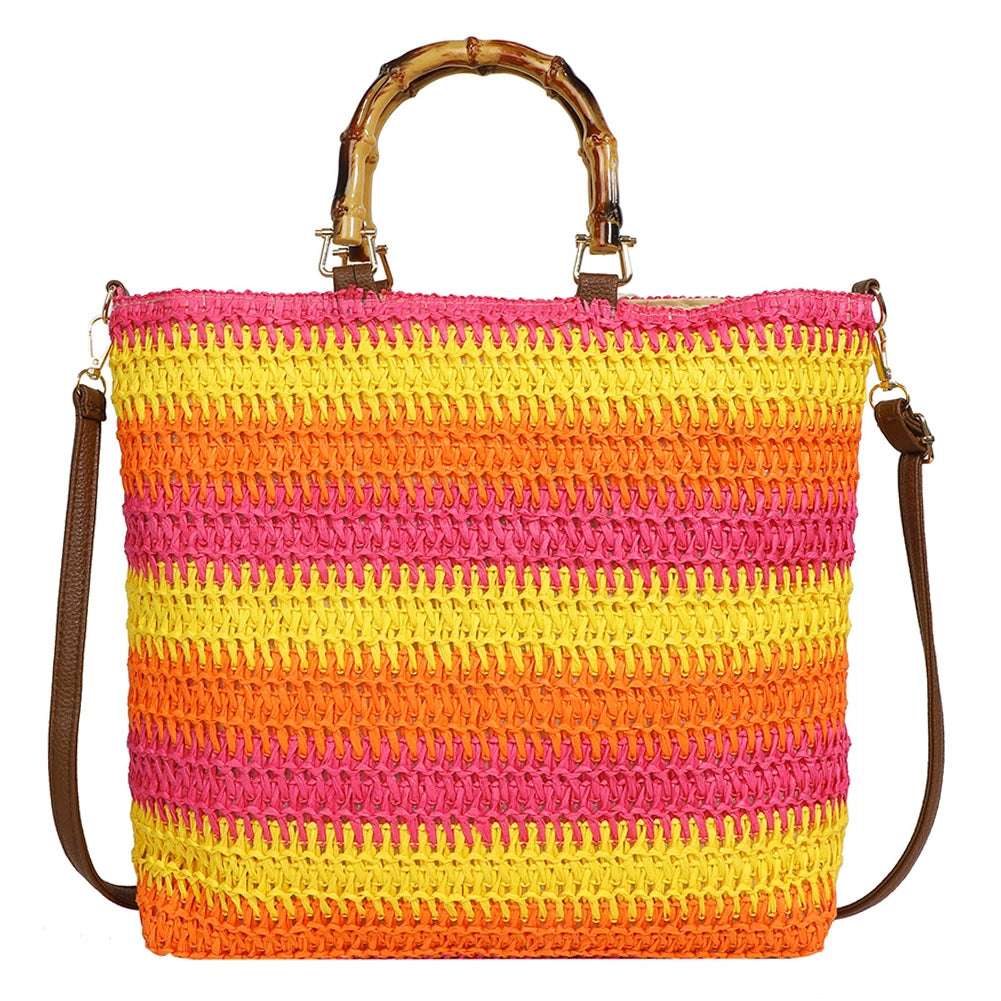 Straw Woven handbag with Bamboo style Handle