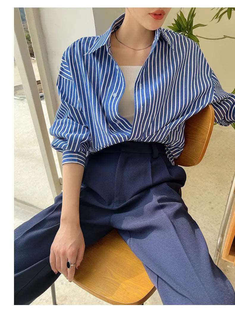 Blue Striped Chiffon Blouse Shirt for Women