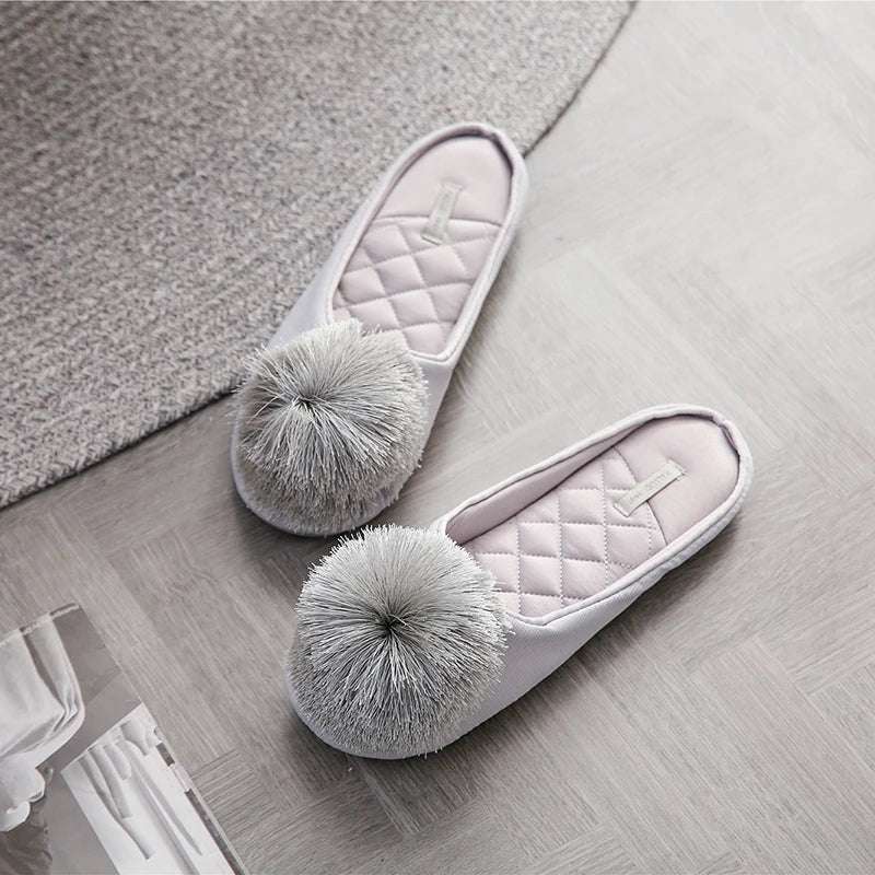 Pom-pom Women's Satin Slippers gray