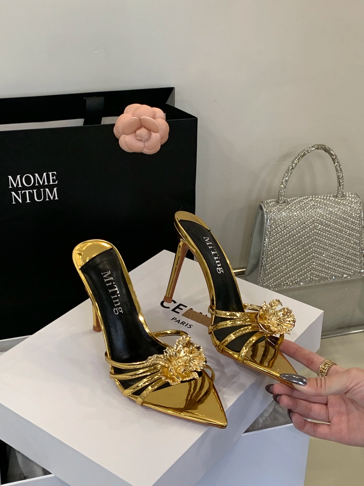 Metal look Flower Open Toe Mule High Heel Sandals