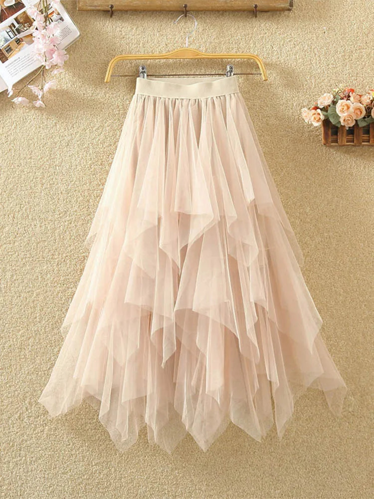 Irregular Elastic High Waist Mesh Tulle Skirt Beige One Size