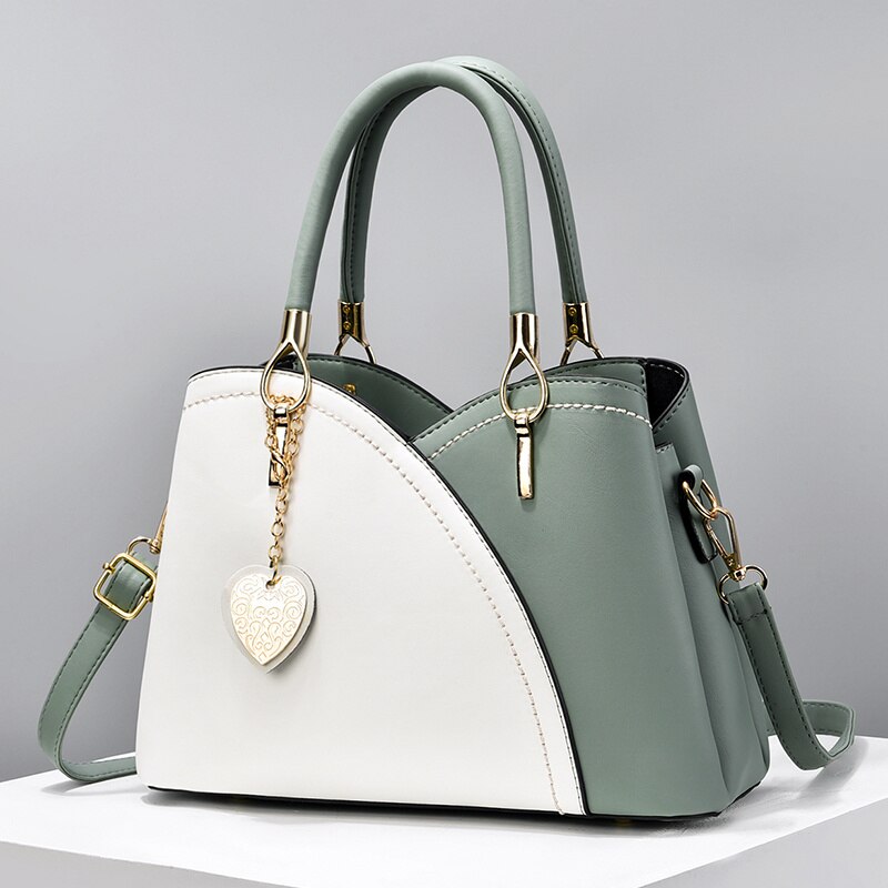 Women PU Leather Purse Block Handle Tote Bags Green Leather Handle