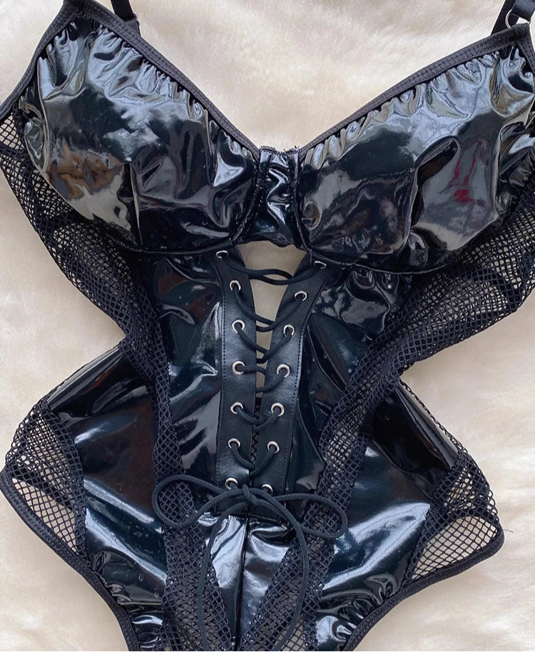 Lace-up PU Hollow One Piece Faux Leather body lingerie