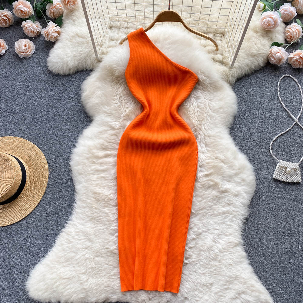 Sexy One Shoulder Knitted Bodycon Midi Dress Orange One Size