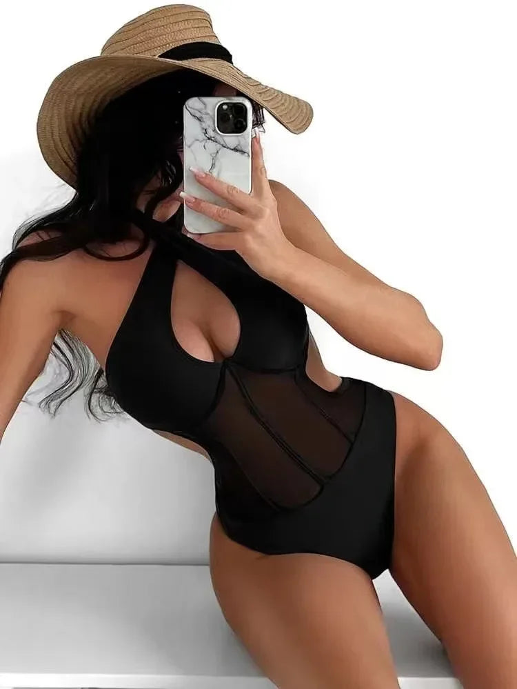 Halter neck Criss Corss mesh one piece swimsuit black