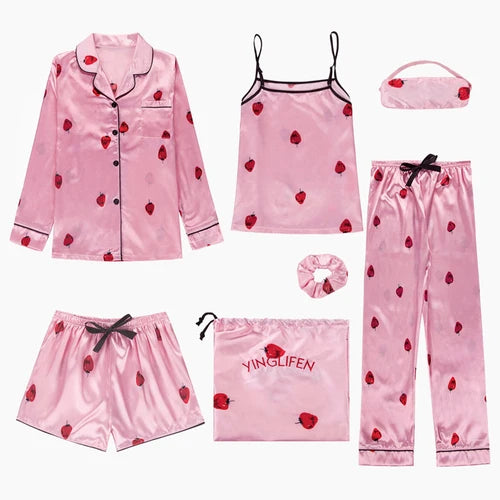 Spring Summer 7 Pcs satin Pajamas Set 88883 fen se cao mei
