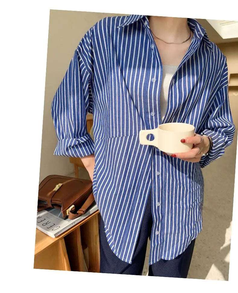 Blue Striped Chiffon Blouse Shirt for Women