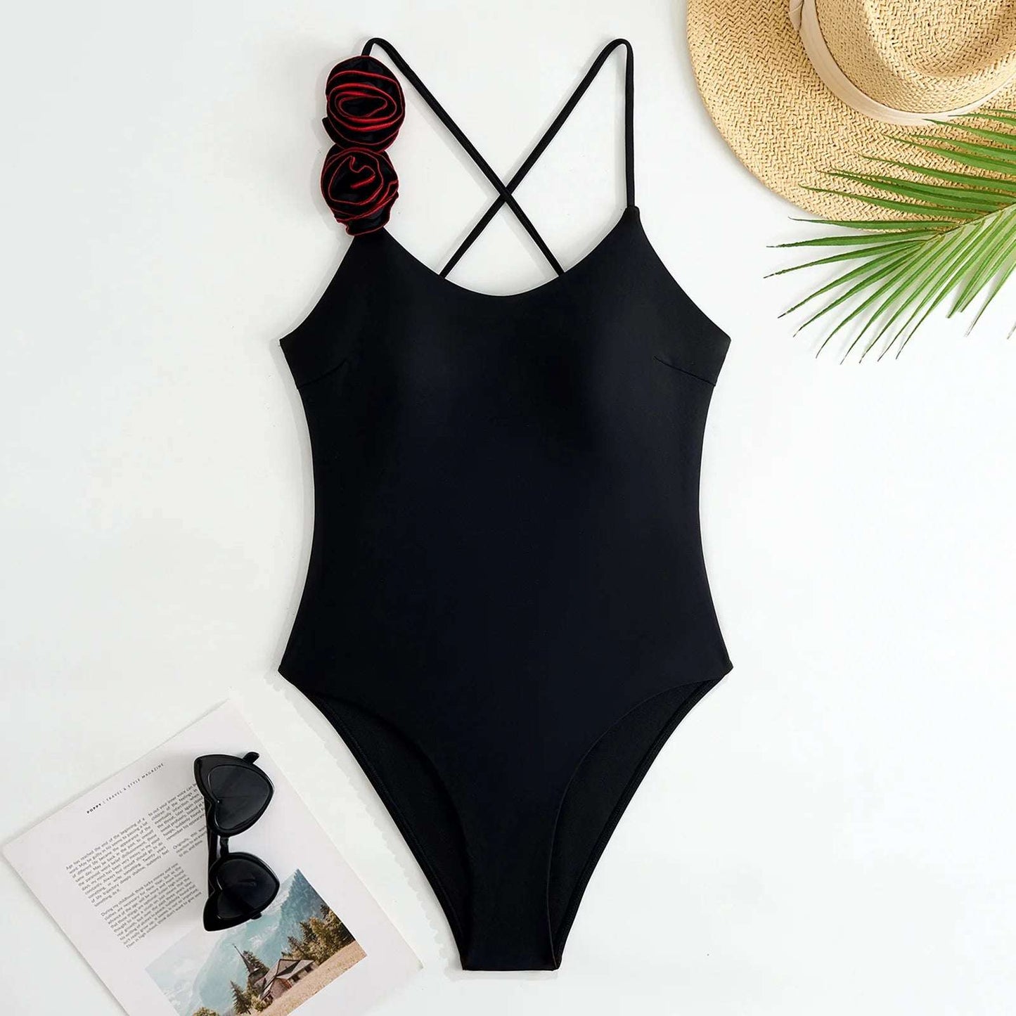 Flower Cross Back one piece swimsuit black