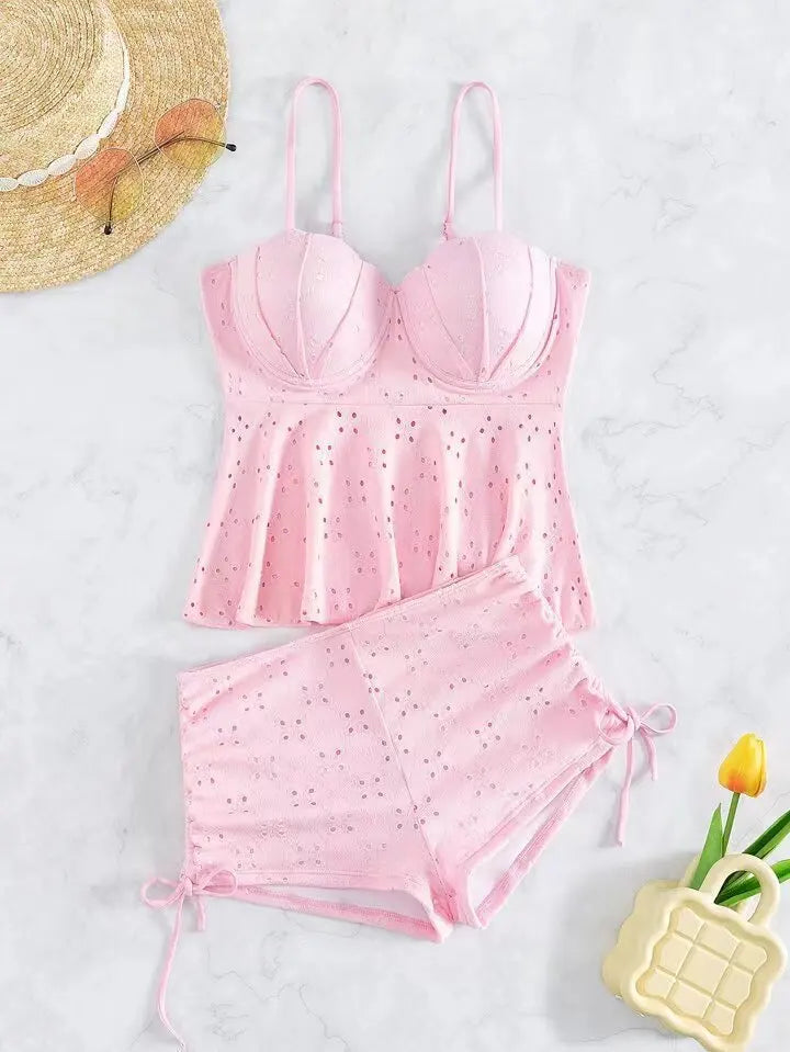 Two Pieces Push Up Tankini swimsuit Set Pink
