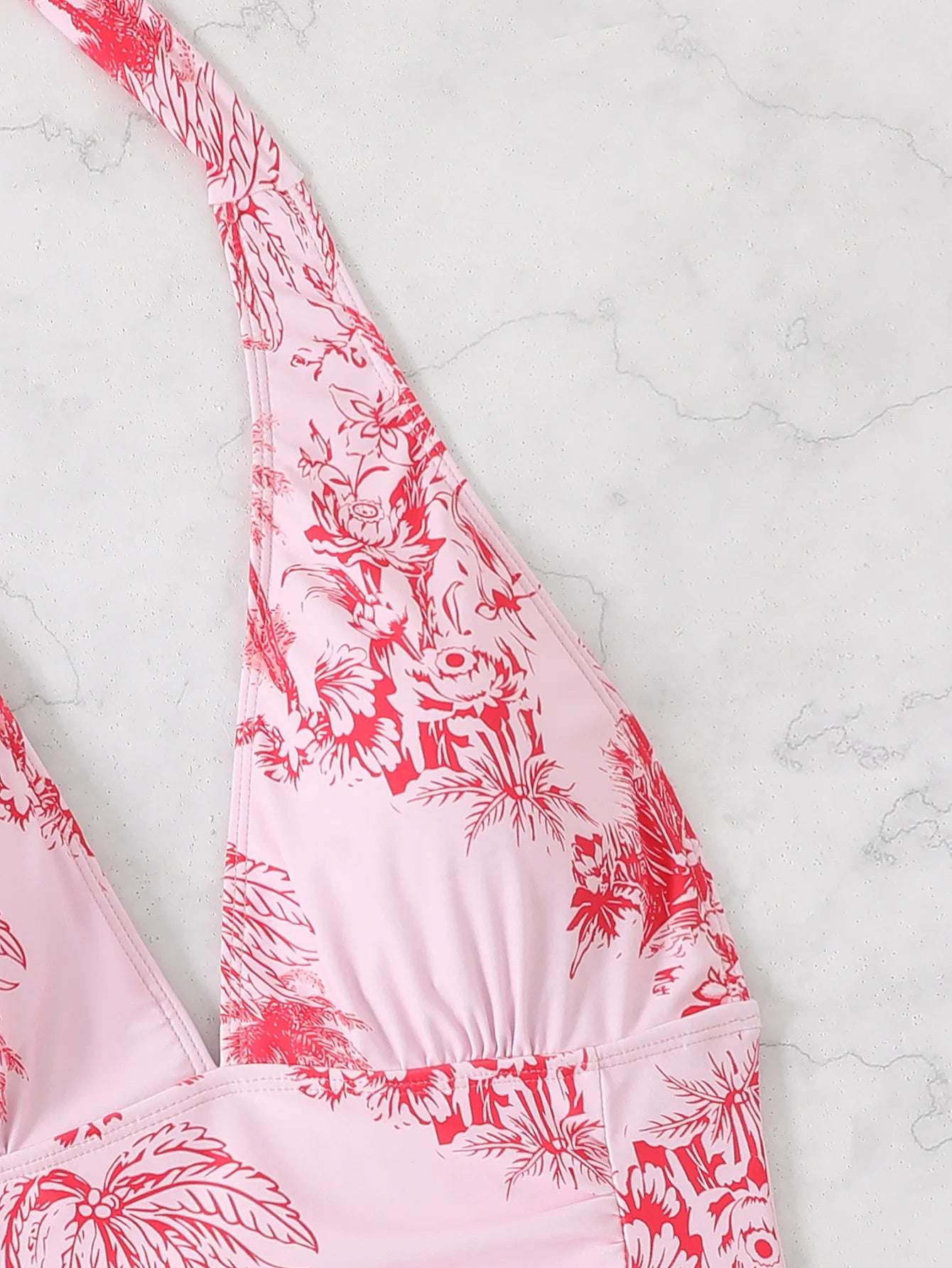 Pink Halter ruched One Piece Swimsuit