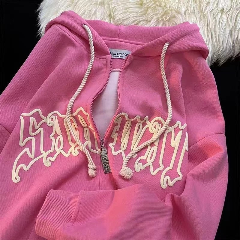 Women Vintage Zip Up Hoodies PINK