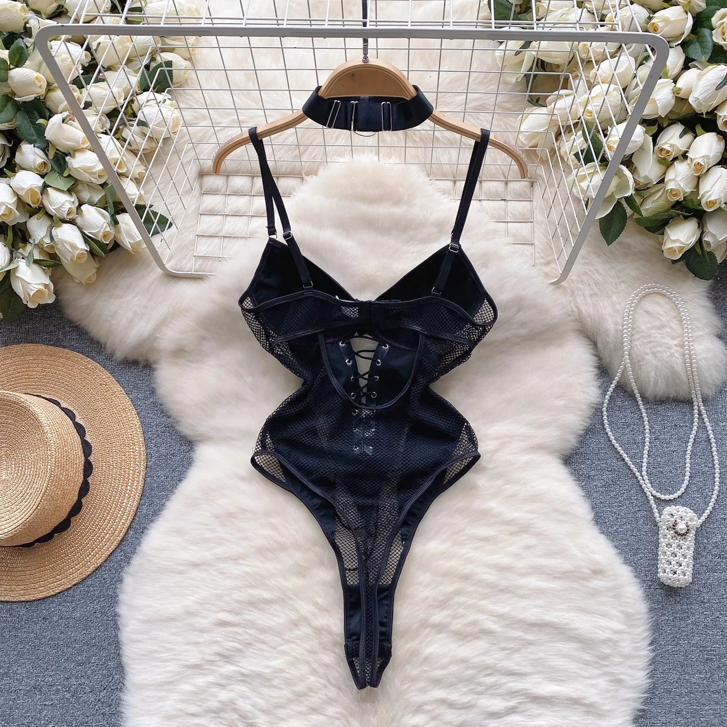 Lace-up PU Hollow One Piece Faux Leather body lingerie