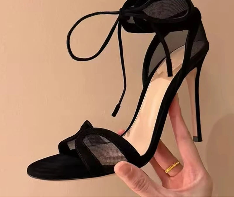 Hollow cut Out Mesh Narrow Band Ankle Strap high heel Sandals