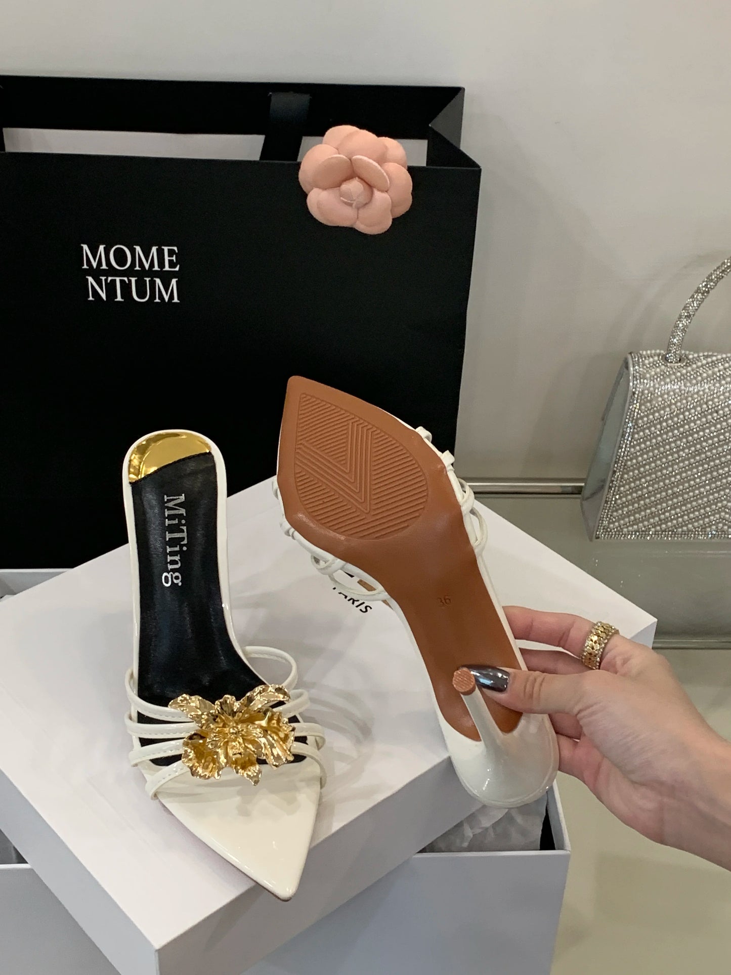 Metal look Flower Open Toe Mule High Heel Sandals