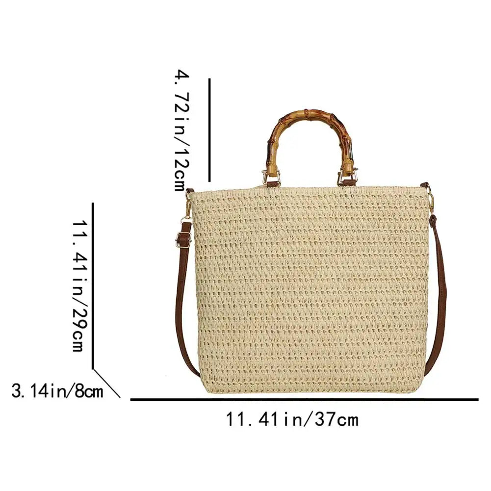 Straw Woven handbag with Bamboo style Handle