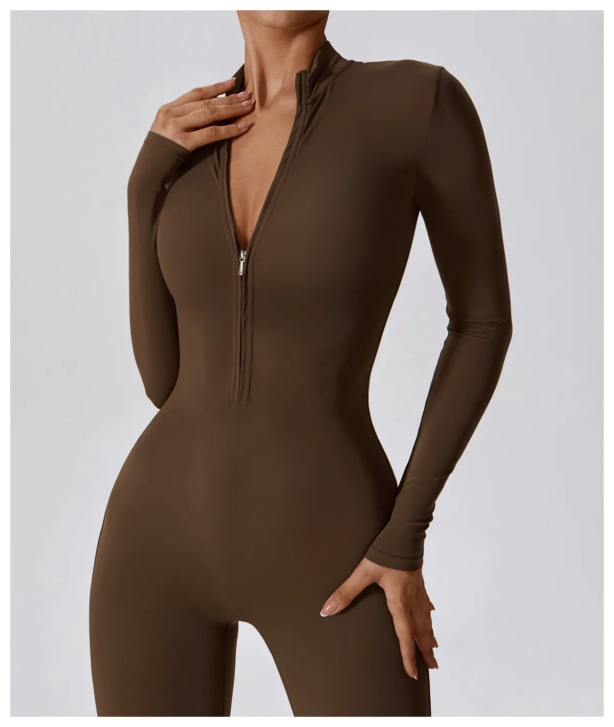 Zipper long sleeve Elastic One-Piece gym workout Bodysuit