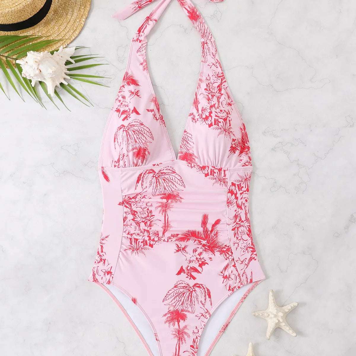 Pink Halter ruched One Piece Swimsuit Pink