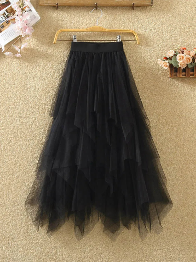 Irregular Elastic High Waist Mesh Tulle Skirt black One Size