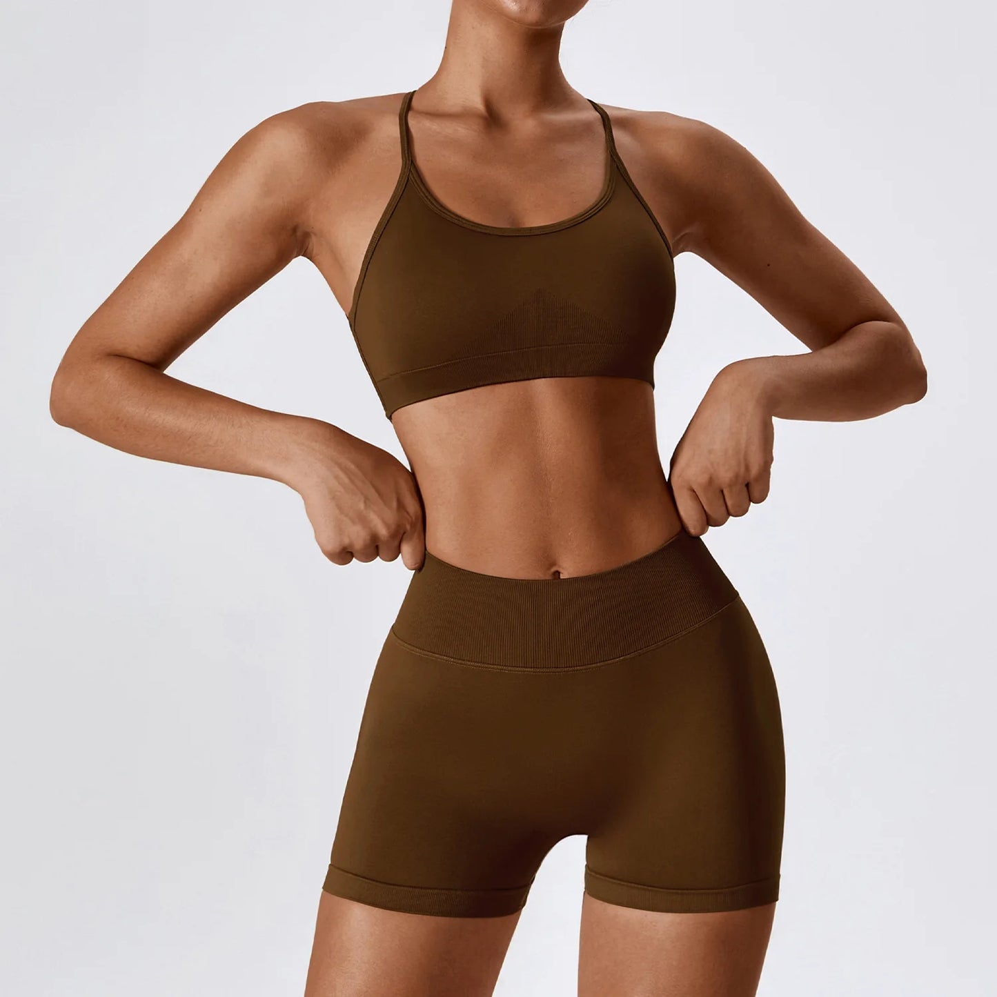 Seamless Yoga Gym 2 Piece shorts and bra Set brown