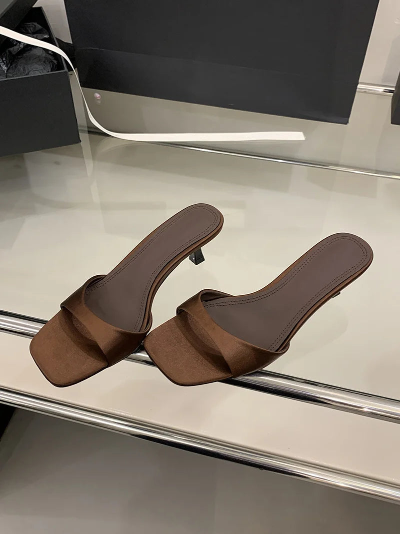 Satin Thin Low Heels Square Toe Mule Sandals