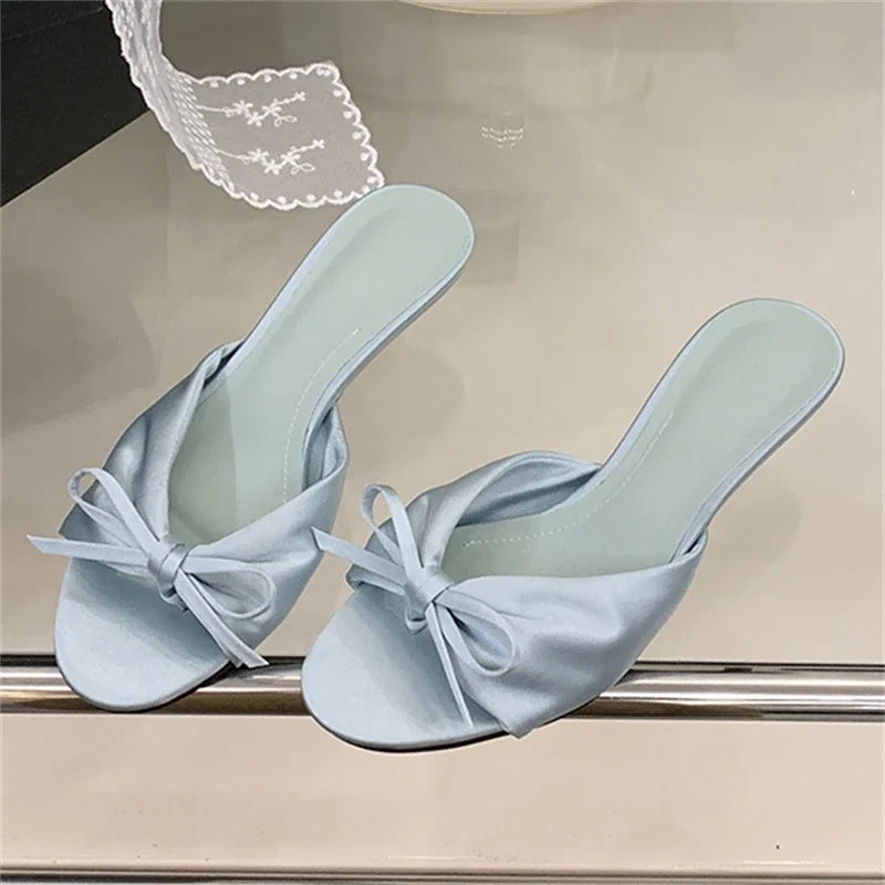 Butterfly-kont Pleated Thin Low Heels Satin kitten heel sandals Blue