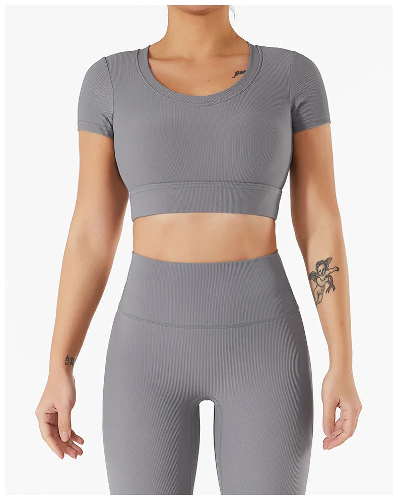 Short Sleeve round neck crop bralette High Waist Leggings Gym Fitness Set