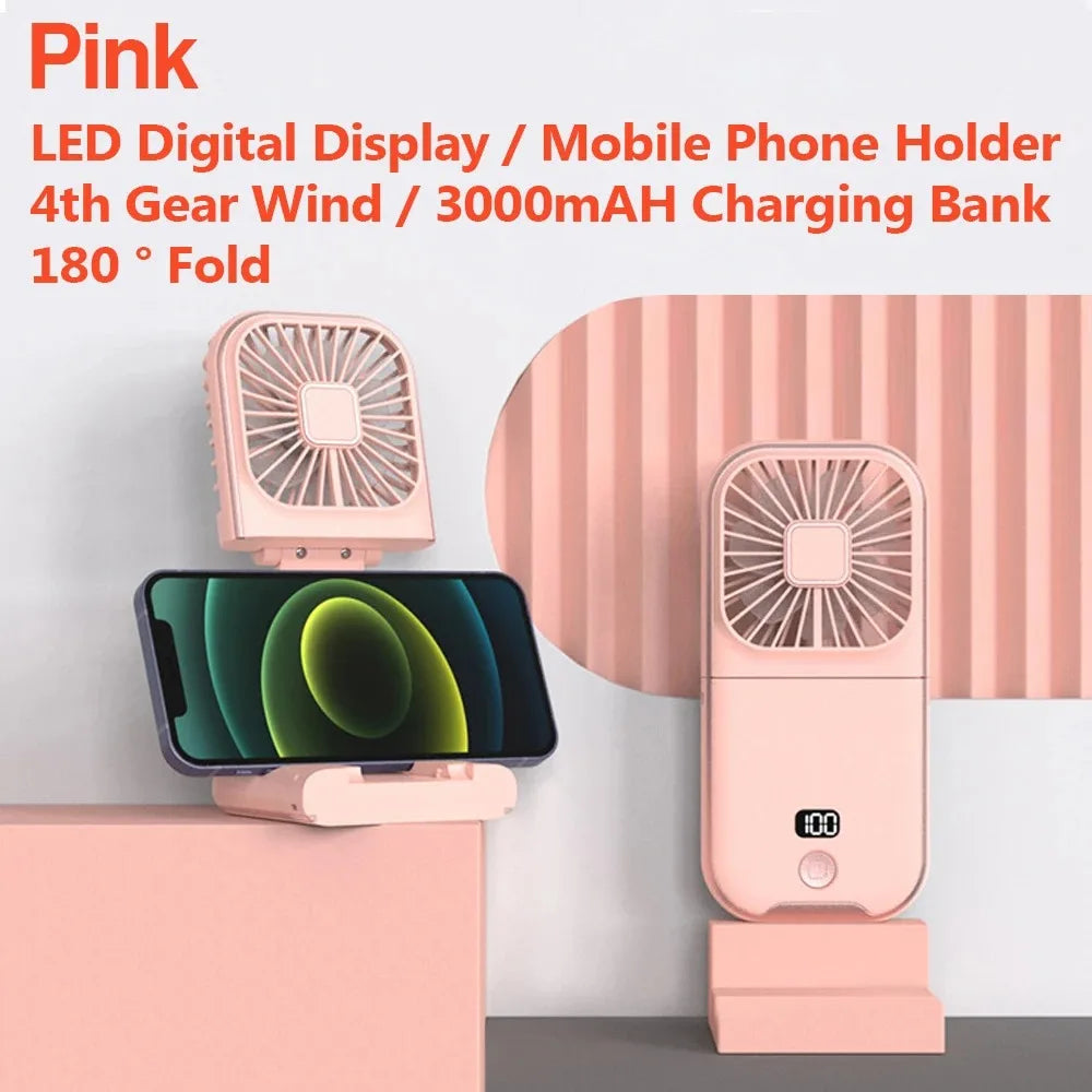 4 Speed Adjustable USB Rechargeable Portable Mini Fan 3000mAh Plus Pink
