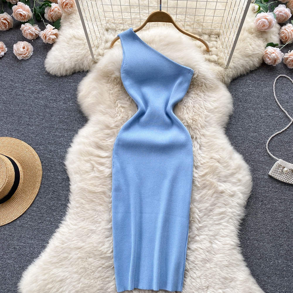 Sexy One Shoulder Knitted Bodycon Midi Dress