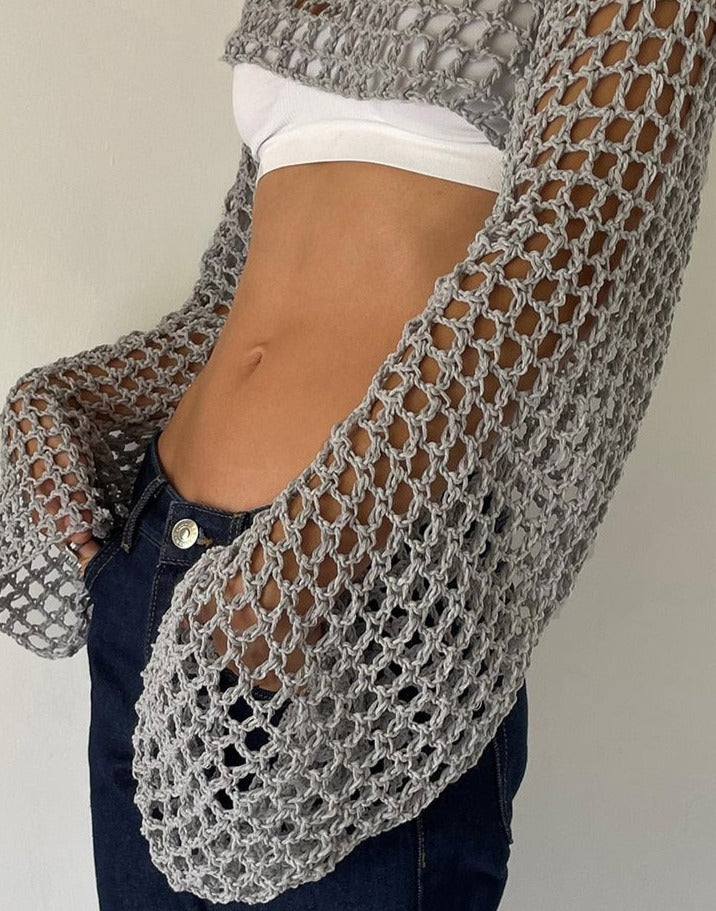 Summer Green Long Sleeve Smock Knitted Crop Top Gray