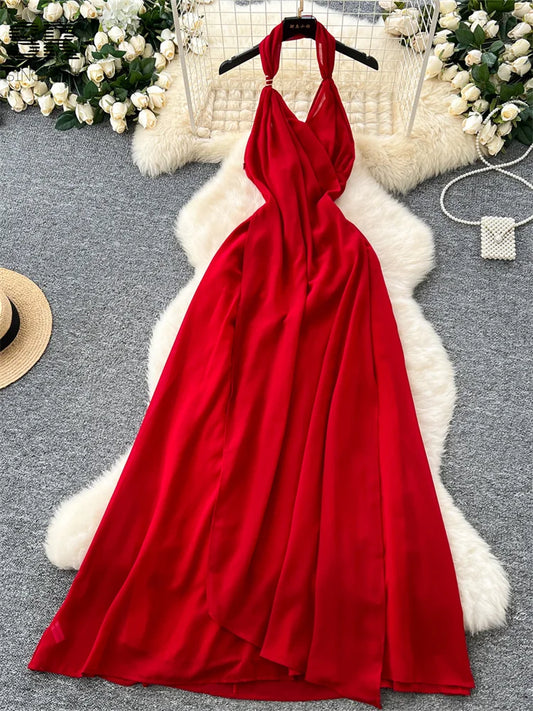 Chiffon Halter Neck Solid Summer maxi Dress red