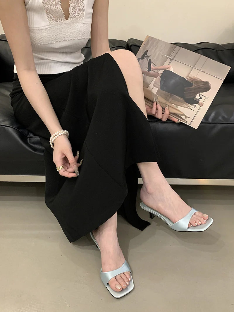 Satin Thin Low Heels Square Toe Mule Sandals