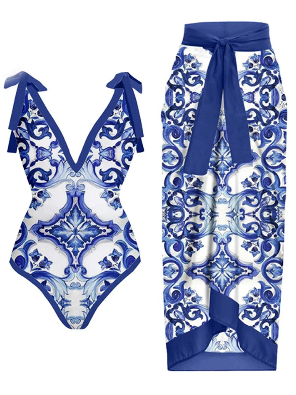 Women Print one piece Swimsuit and skirt